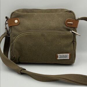 Travelon Khaki Antitheft Crossbody Bag with RFID and Brown Leather Accents